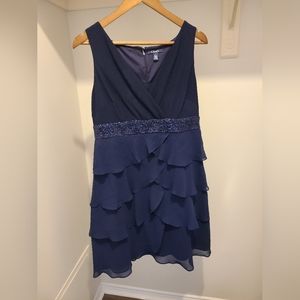 Navy Blue Chaps Sequin Tiered Ruffle Dress Size 14